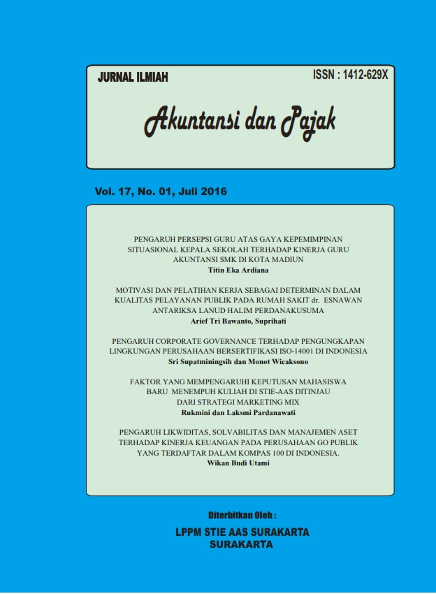 					View Vol. 17 No. 01 (2016): Jurnal Akuntansi dan Pajak, Vol. 17, No. 01, Juli 2016
				